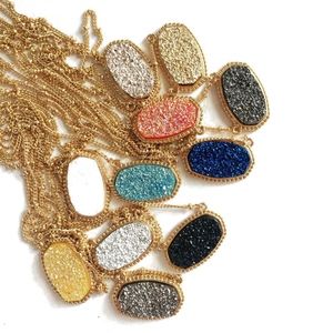 Womens Pendant Necklace Gold Drusy Stone Oval